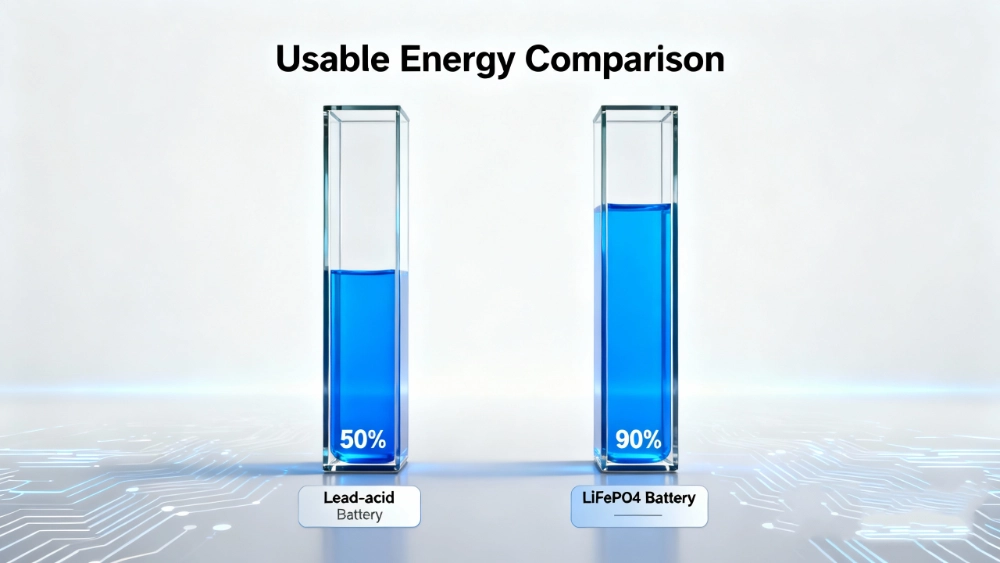 Usable energy comparison between LiFePO4 and lead-acid batteries showing 90% vs 50% depth of discharge