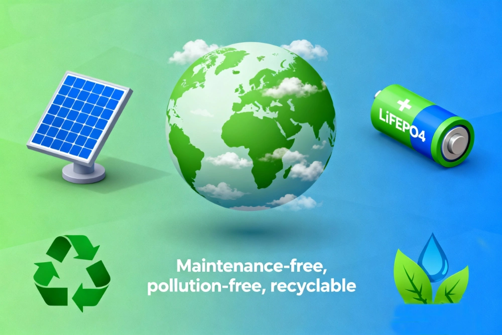 Eco-friendly infographic showing LiFePO4 battery as non-toxic, cobalt-free, and easy to recycle