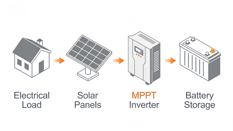 Flowchart illustrating the step-by-step process for correctly sizing an MPPT inverter based on load, solar array, and battery parameters.