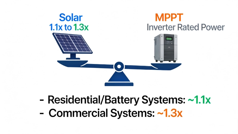 Infographic showing the recommended 1.1x to 1.3x oversizing ratio between solar panel array power and MPPT inverter rated capacity.