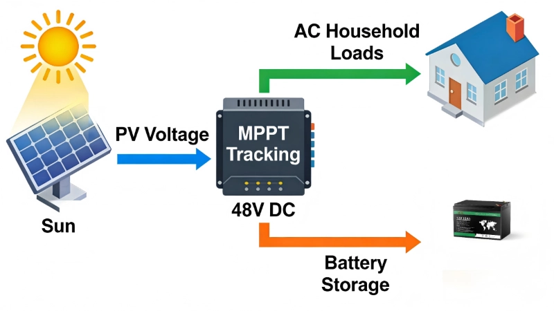 Energy flow diagram of a hybrid solar system, showing DC power from panels optimized by the MPPT inverter, then distributed to AC loads and battery storage.